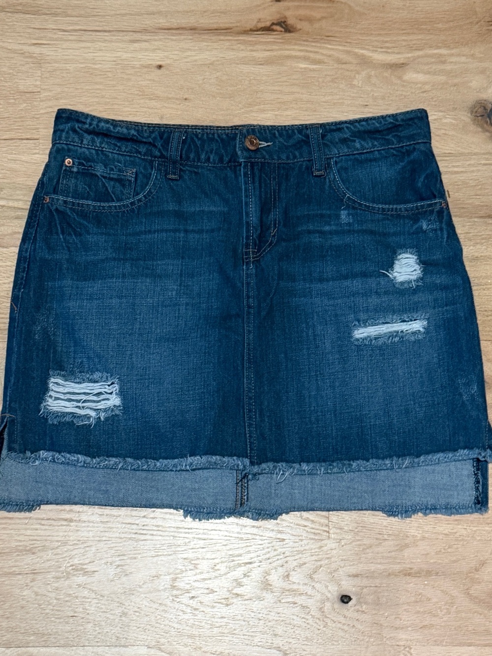 Kensie Dark Blue Distressed Denim Mini Skirt